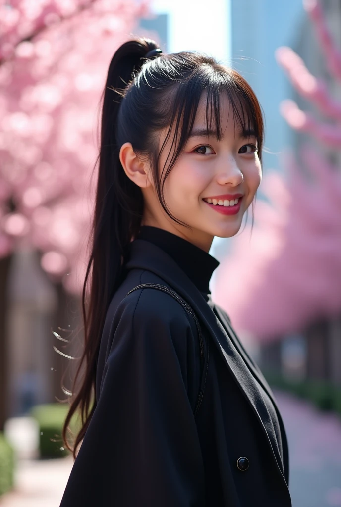 "Create an image of a young Japanese woman with long black hair, bright eyes, and a warm smile, resembling a popular Japanese actress. She should have a cheerful expression and be wearing a stylish outfit. The background should be a soft-focus urban setting with cherry blossoms in bloom, capturing a vibrant, springtime atmosphere."、The face of a 33 year old、ponytail、Black clothes、Height: 165cm、