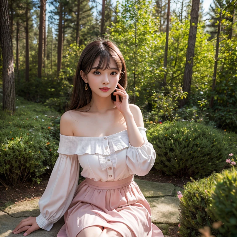 long skirt,skirt, pink skirt, (knee shot), 1 woman, On the face, light brown hair, blunt bangs, hair behind ears, Hair over the shoulders, long hair, Slender body type, Super thin face, face slimming, delicate lips, beautiful eyes, Thin blush, Eyes are light brown,Check it out here, (realistic:1.3), in the coniferous forest, One person's perspective, 8k, Super detailed, high quality, best quality, High resolution,(masterpiece))、(top quality)、8k、high detail、Super detailed，31 years old female，Seductive and whimsical style、masterpiece、born、Scenes resembling fairy tale illustrations、Intricate details and complex designs、Beautifully、magic、capricious、 Beautifully、Dream aesthetics、「𝓡𝓸𝓶𝓪𝓷𝓽𝓲𝓬、ethereal、charming、fickle、magic」、Realism、Visual effects、FXAA、SSAO、Shaders、voiceless、ambient lighting、Tone mapping、High resolution、Ultra high quality、Million pixels、(8k resolution:1.10)、8k、Below 8K、8k resolution、high detail、intricate details， (high quality:1.2、masterpiece:1.2、:1.21)、(31 years old female:1.21)、(Smile excitedly)、(full-body shot，Normal 2 feet，Put your hands behind you，The protrusion of the breast is visible when wearing clothes, Large Breasts, H cup chest, off-shoulder clothes