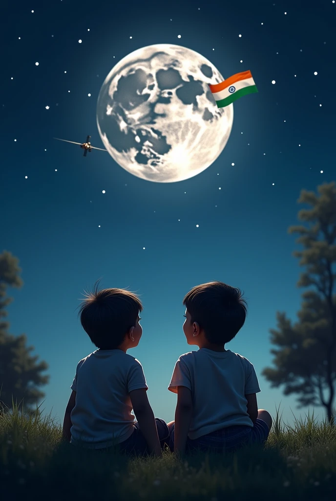 India in space on moon and 2 kids watching it sitting on earth