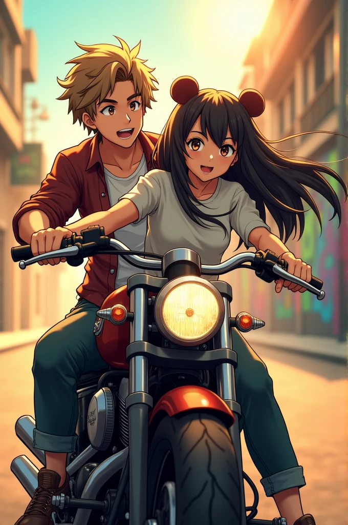 An anime man with brown-blonde hair and he is wearing a casual outfit and he's sitting at the back seat of the heavy bike and an anime woman with long black hair and brown cute bear ears is driving the heavy bike and she is wearing a casual outfit