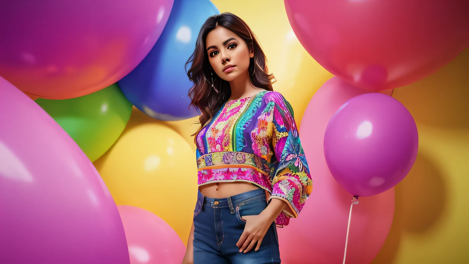 full body, Mexican 30 year old female. wearing a colorful oversized blouse over, pink and yellow lingerie, gen-z style, small crew neck, colorful background, ultra hd, realistic, vivid colors, highly detailed, UHD drawing, pen and ink, perfect composition, beautiful detailed intricate insanely detailed octane render trending on artstation, 8k artistic photography, photorealistic concept art, soft natural volumetric cinematic perfect light