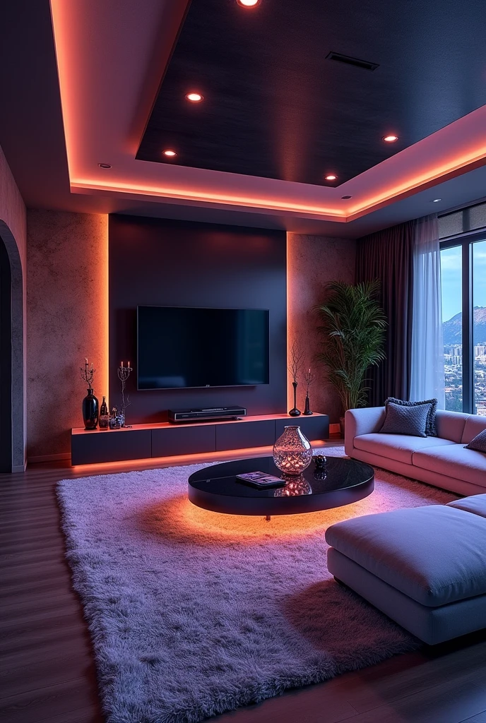 Please design me an extremely luxurious living room, modern and fully equipped. Futuristic design with mysterious colors