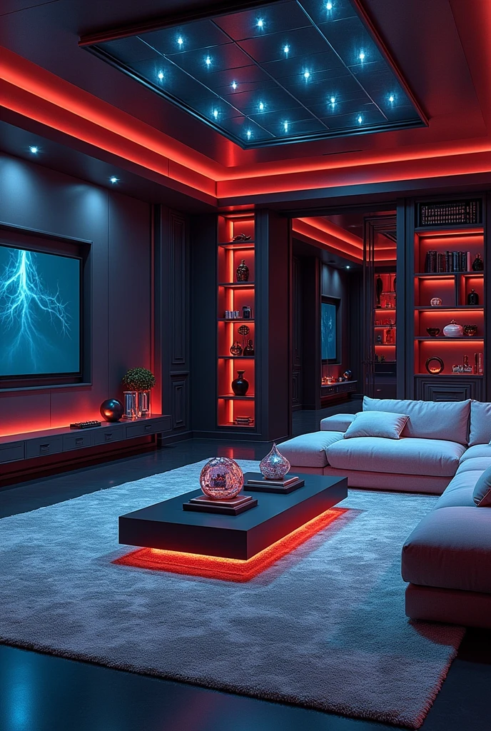 Please design me an extremely luxurious living room, modern and fully equipped. Futuristic design with mysterious colors