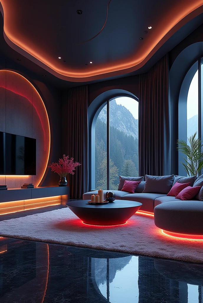 Please design me an extremely luxurious living room, modern and fully equipped. Futuristic design with mysterious colors
