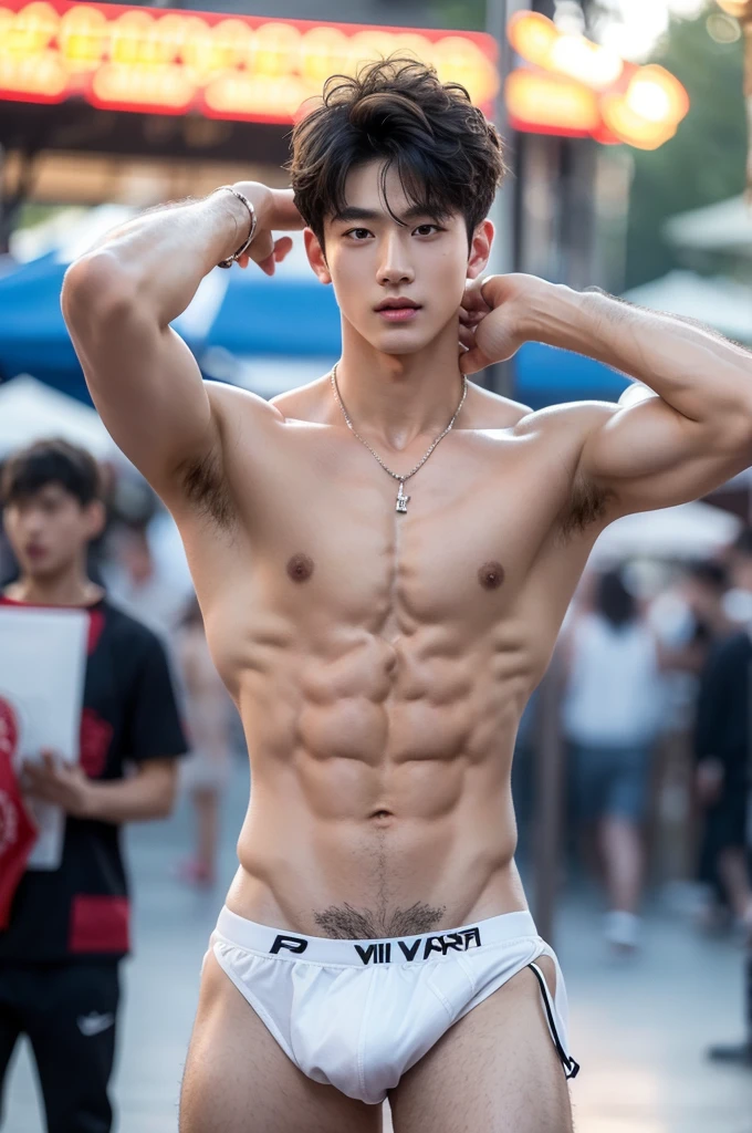 Crowded amusement park, amusement park light, crowded people, Very dirty Stain in his thong, Shaved armpits, Very detailed finger, don't merge body, Very young boy, ager boy, (photorealistic, masterpiece, best quality), white pale skin, muscular man, hunk, charming, attractive, wearing necklace in his neck, completely naked , Realistic, fully naked, nude, perfect , male , modeling for a photoshoot, editorial style, handsome man, detailed face, Very crowded classroom, Topless, shirtless, boy, very young boy, Cinematic soft lighting illuminates a stunningly detailed and ultra-realistic handsome korean male supermodel, ultra messy short curly hair, clear honey eyes, captivating perfect smile, sensual, hot man, insanely handsome, showing off his sweaty body, very sixpack muscular body build, slender, toned, full body, 8k, photography, masterpiece, detailed face, detailed eyes, detailed hands, in the crowded festival showing off his shaved armpits, only wearing very thin micro thong with big hard bulge, very wet body, very sweaty body, amusement park background, amusement park scenery, wearing thin thong