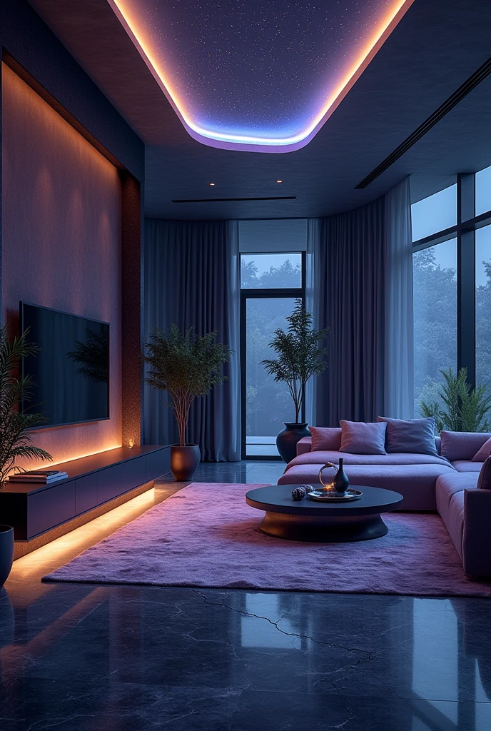 Please design me an extremely luxurious living room, modern and fully equipped. Futuristic design, mysterious color, mysterious and magical