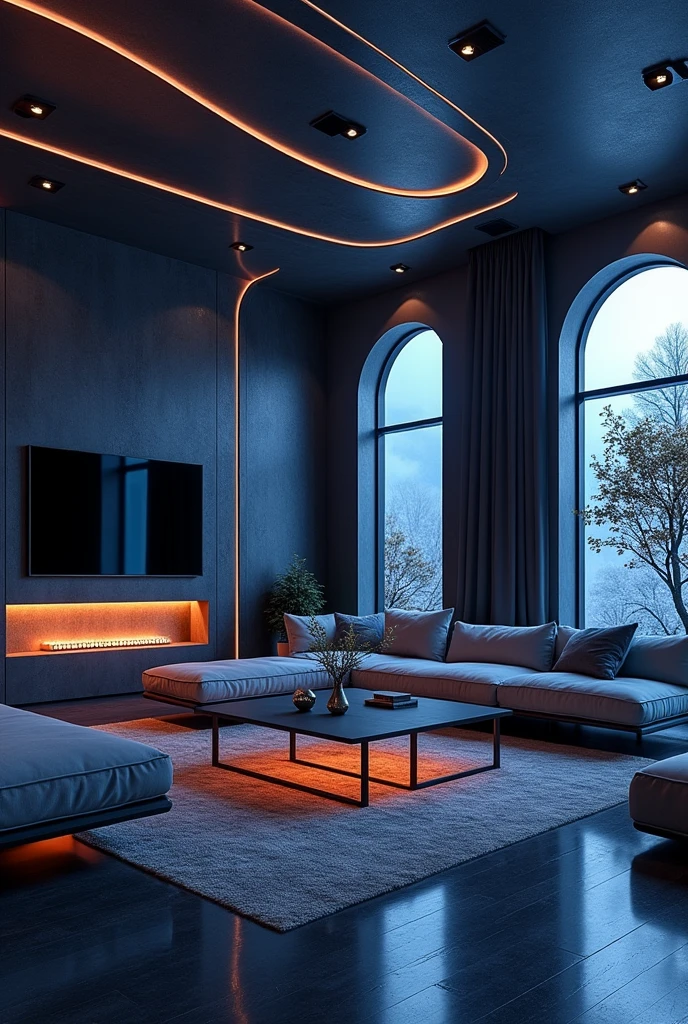 Please design me an extremely luxurious living room, modern and fully equipped. Futuristic design, mysterious color, mysterious and magical