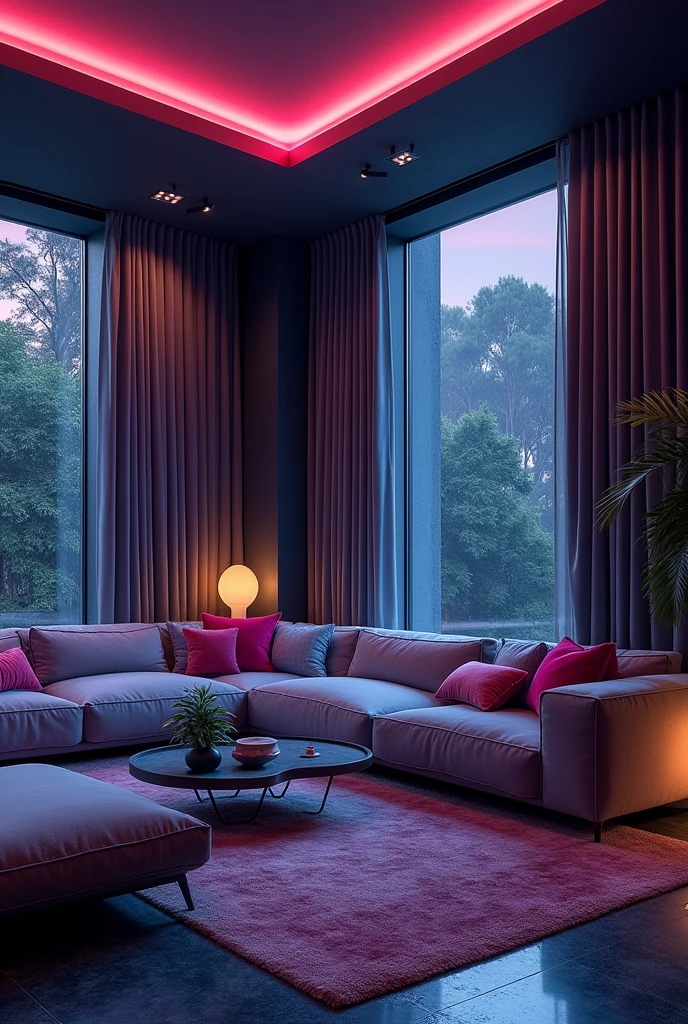 Please design me an extremely luxurious living room, modern and fully equipped. Futuristic design, mysterious color, mysterious and magical