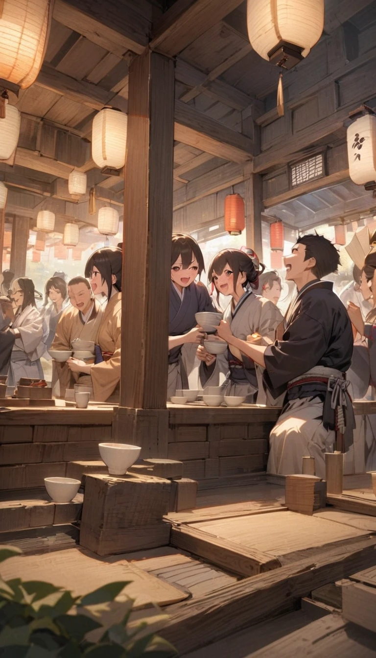 A lively scene inside a traditional Japanese inn, with a samurai laughing and raising a cup of sake, surrounded by other patrons. The atmosphere is warm and jovial, with wooden beams and paper lanterns overhead."