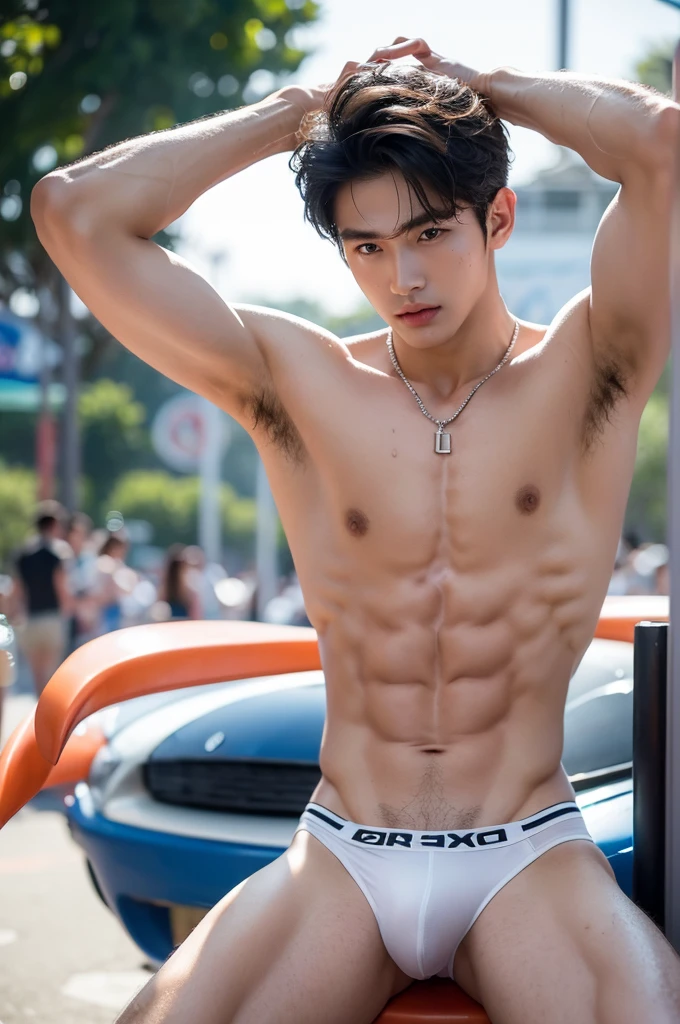 Crowded amusement park, amusement park light, crowded people, Very dirty Stain in his thong, Shaved armpits, Very detailed finger, don't merge body, Very young boy, ager boy, (photorealistic, masterpiece, best quality), white pale skin, muscular man, hunk, charming, attractive, wearing necklace in his neck, completely naked , Realistic, fully naked, nude, perfect , male , modeling for a photoshoot, editorial style, handsome man, detailed face, Very crowded classroom, Topless, shirtless, boy, very young boy, Cinematic soft lighting illuminates a stunningly detailed and ultra-realistic handsome korean male supermodel, ultra messy short curly hair, clear honey eyes, captivating perfect smile, sensual, hot man, insanely handsome, showing off his sweaty body, very sixpack muscular body build, slender, toned, full body, 8k, photography, masterpiece, detailed face, detailed eyes, detailed hands, in the crowded festival showing off his shaved armpits, only wearing very thin micro thong with big hard bulge, very wet body, very sweaty body, amusement park background, amusement park scenery, wearing thin thong
