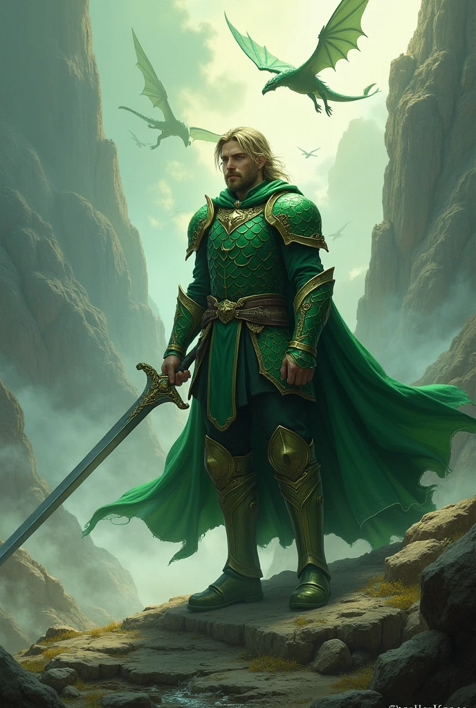 Criston Cole with green dragon scales armour holding blackfyre whilst dragons are flying above him