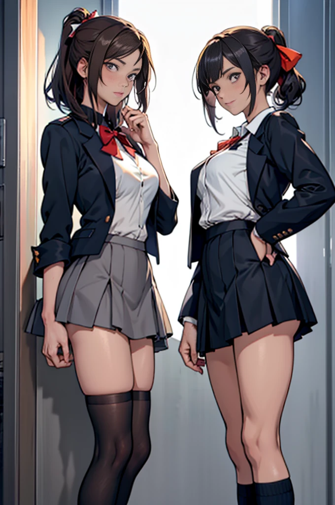 Anime Style,Two girls wearing the same uniform stand side by side,A tall girl with chestnut hair in a bob cut, large breasts, and kind, droopy eyes, and a short girl with long black hair in a ponytail, slim with small breasts and slanted eyes.,Navy blue blazer,White blouse,Orange bow ribbon,Grey flared skirt,Navy blue knee socks,Dark brown loafers,looks fun,Anatomically correct, High resolution, High detail, High-resolution model, Retina, Very detailed, Textured skin, There are two pairs of hands and feet, with five fingers on each side.