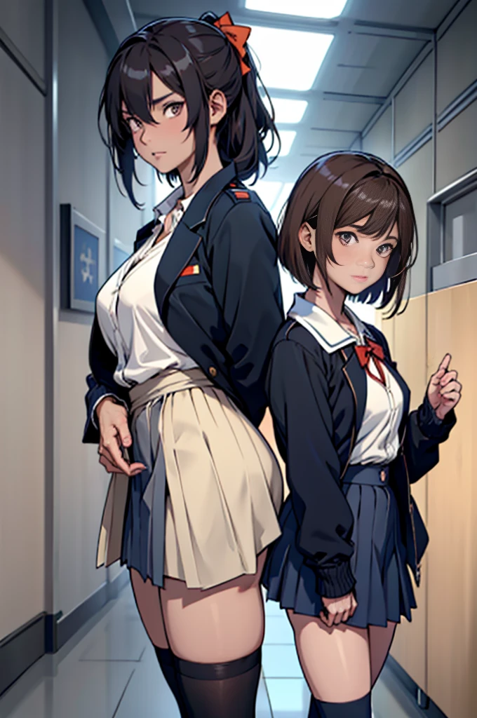 Anime Style,Two girls wearing the same uniform stand side by side,A tall girl with chestnut hair in a bob cut, large breasts, and kind, droopy eyes, and a short girl with long black hair in a ponytail, slim with small breasts and slanted eyes.,Navy blue blazer,White blouse,Orange bow ribbon,Grey flared skirt,Navy blue knee socks,Dark brown loafers,looks fun,Anatomically correct, High resolution, High detail, High-resolution model, Retina, Very detailed, Textured skin, There are two pairs of hands and feet, with five fingers on each side.