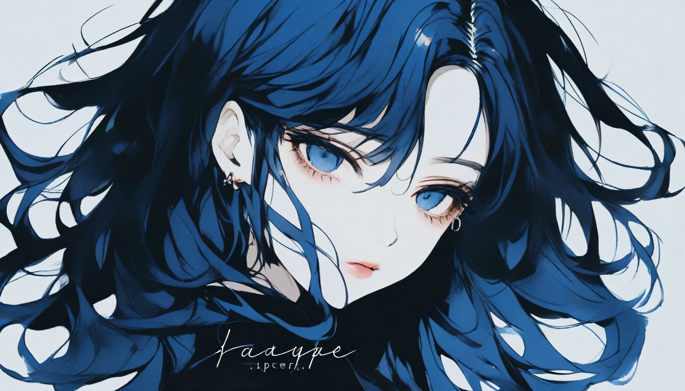 Illustrator, anime , Realistic ,sketch , 1 person, ,lip,Album artwork,order,Texture Trim, (masterpiece,Highest quality) Dark background, Black and marine blue hair,Texture Trim, (masterpiece,Highest quality) ,whole body