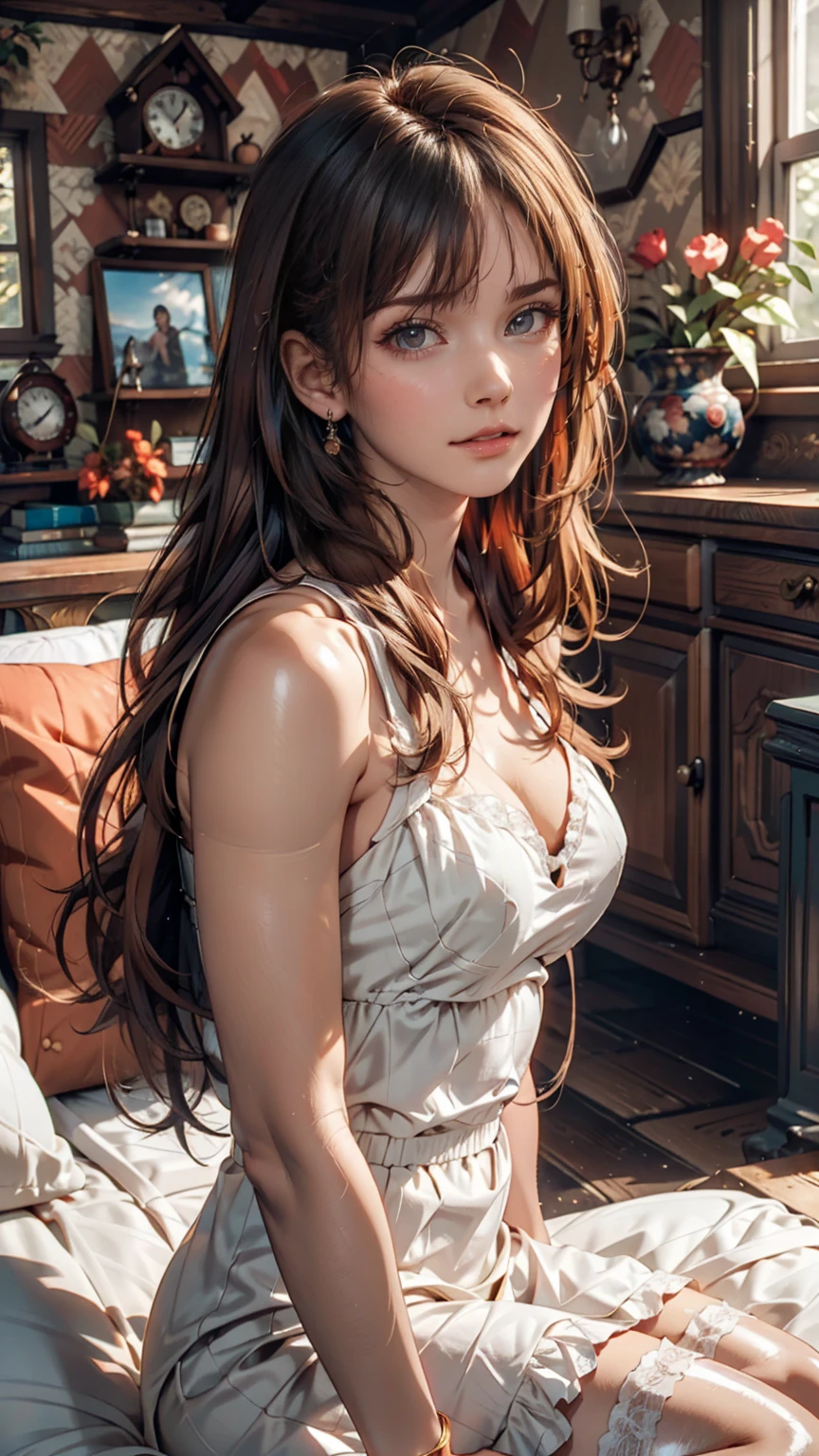 Young Scandinavian woman, Cute Face, Fascinating, Highest quality, masterpiece, Translucent summer dress, Golden Hour, Detailed Texture, Long braided hair, Sitting on the bed, Pause, カジュアルなPause, Wooden cottage, interior, [blush], beautiful, Complex, Caustics, light, sunlight, (((Soft lips))), (((Glossy Lips))), Very detailed, (Semi-realistic:1.2), Niroudef, Redhead
