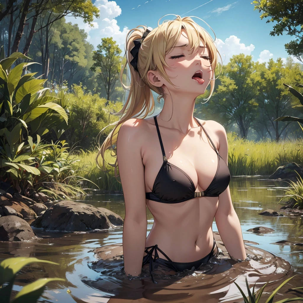 1girl, solo:1.5, masterpiece, best quality, high res, highly detailed, (illustration), beautiful detailed eyes, yuigahama yui, blonde hair ponytail, glossy lips, light makeup, orgasm, (looking up to the sky:1.5), (mouth open:1.2), intimate moment, black string bikini, cleavage, (quicksand:1.4), (submerged up to her torso), (from side:1.4), bog, swamp, grass, trees, (eyes closed:1.3), gasping expression,