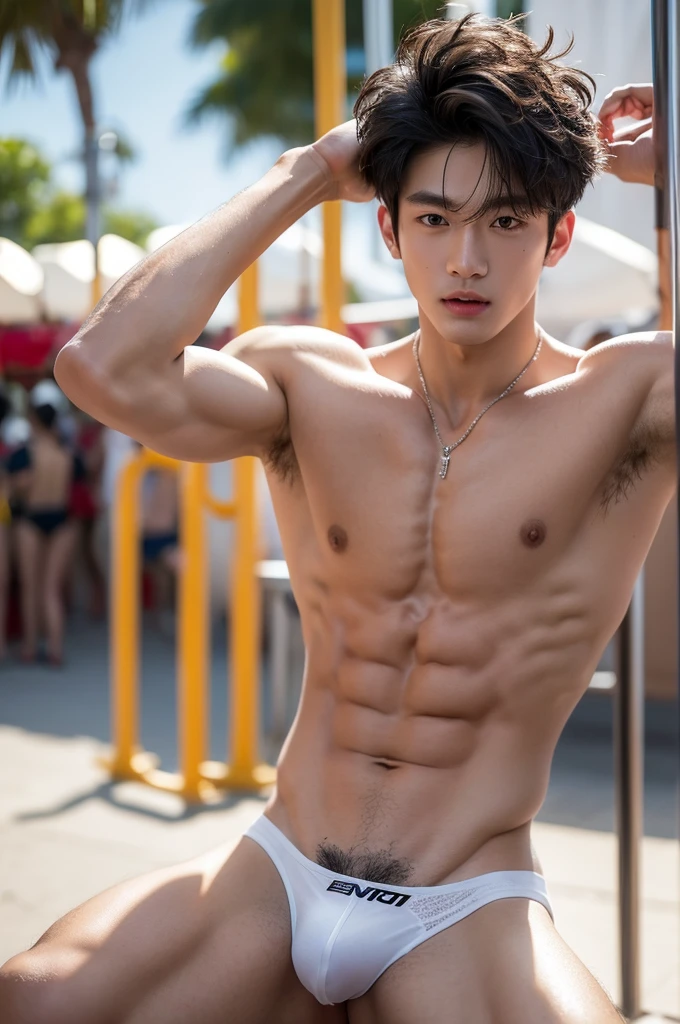 Crowded amusement park, amusement park light, crowded people, Very dirty Stain in his thong, Shaved armpits, Very detailed finger, don't merge body, Very young boy, ager boy, (photorealistic, masterpiece, best quality), white pale skin, muscular man, hunk, charming, attractive, wearing necklace in his neck, completely naked , Realistic, fully naked, nude, perfect , male , modeling for a photoshoot, editorial style, handsome man, detailed face, Very crowded classroom, Topless, shirtless, boy, very young boy, Cinematic soft lighting illuminates a stunningly detailed and ultra-realistic handsome korean male supermodel, ultra messy short curly hair, clear honey eyes, captivating perfect smile, sensual, hot man, insanely handsome, showing off his sweaty body, very sixpack muscular body build, slender, toned, full body, 8k, photography, masterpiece, detailed face, detailed eyes, detailed hands, in the crowded festival showing off his shaved armpits, only wearing very thin micro thong with big hard bulge, very wet body, very sweaty body, amusement park background, amusement park scenery, wearing thin thong