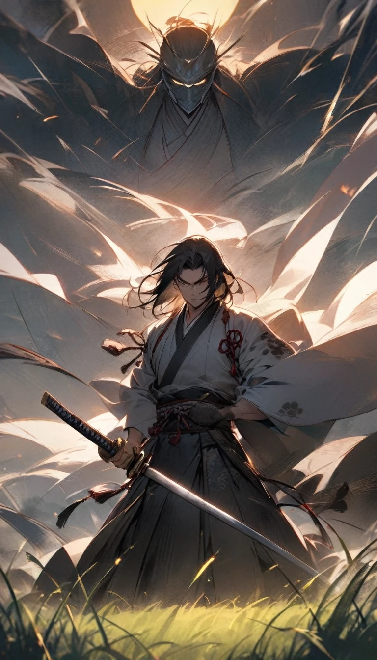 "A samurai facing off against an opponent, his katana still sheathed, yet his intense gaze and confident stance exuding dominance. The background is an open field at dusk, with a gentle breeze rustling through the grass."

