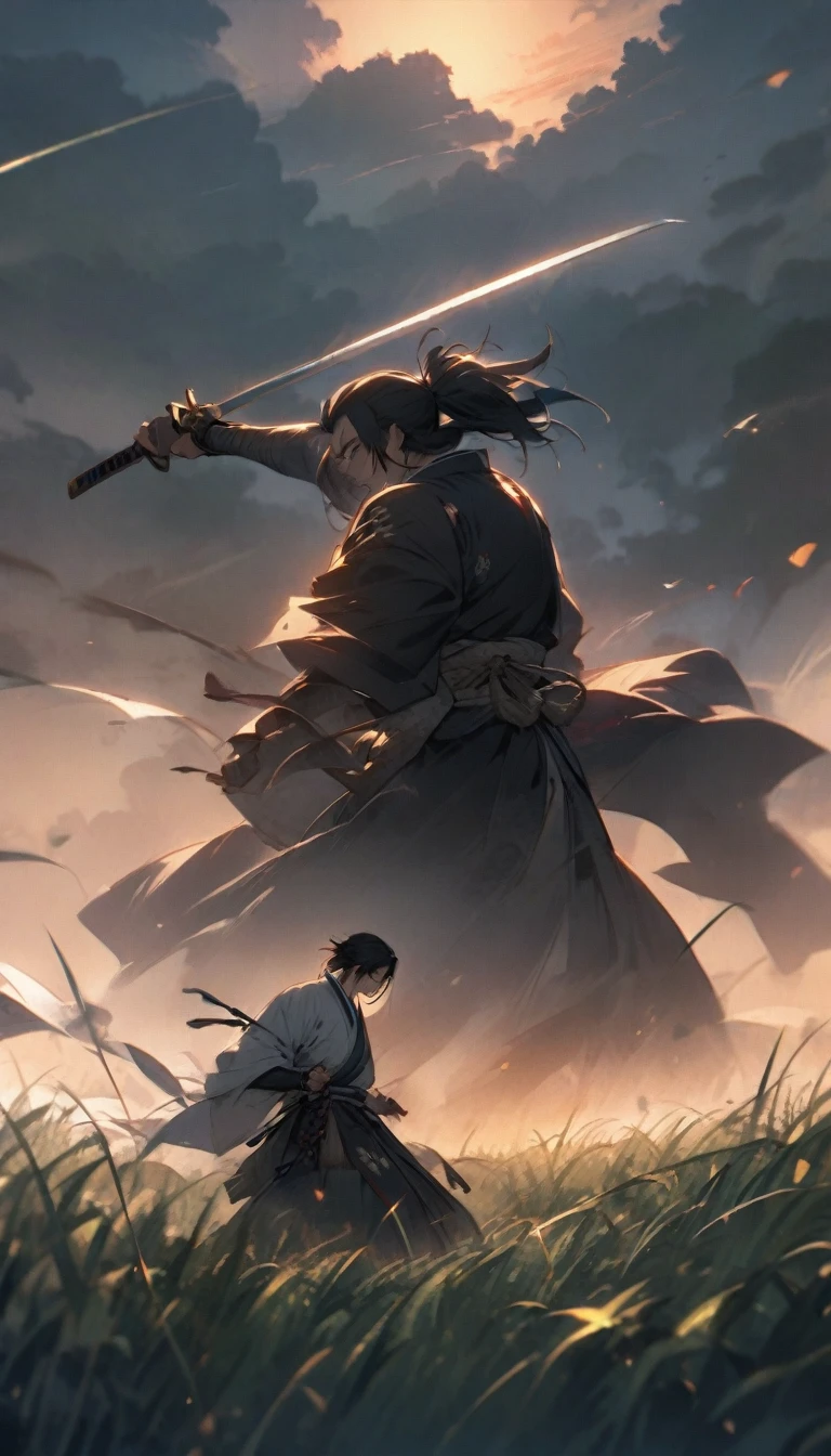 "A samurai facing off against an opponent, his katana still sheathed, yet his intense gaze and confident stance exuding dominance. The background is an open field at dusk, with a gentle breeze rustling through the grass."