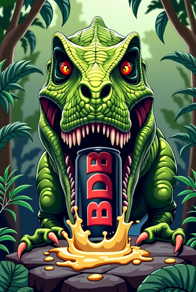 green t-rex skull, having a can of beer in mouth, canette color is black, writing BDB on it in red, teeth stuck in the can, du liquide coule par les trous des perforations des dents, angry eyes orange and red and frowning eyebrows, apparence cartoon and drawing, pupille dilatée noir, fond arrière type jungle, la tête du t-rex sort de plusieurs buissons, vision du t-rex depuis l'avant, il a ses griffes posées sur un rocher en dessous de sa tête et de la bière coule sur le rocher, la canette n'est pas debout dans sa bouche