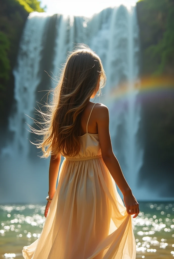 Girl on the background of a waterfall, with loose hair, in a beach dress