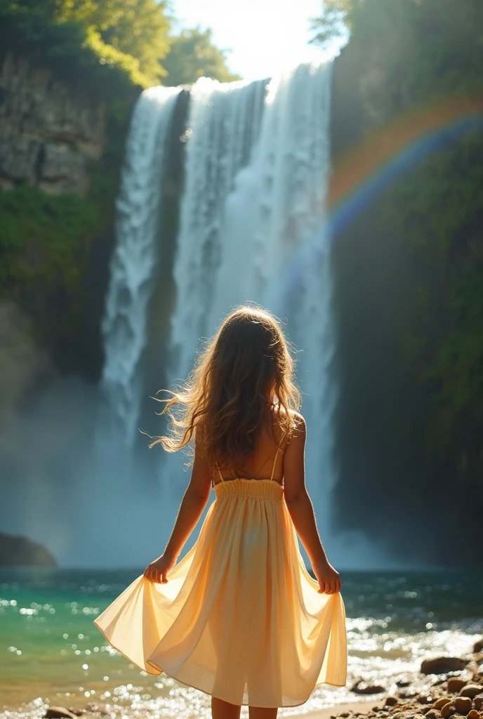 Girl on the background of a waterfall, with loose hair, in a beach dress