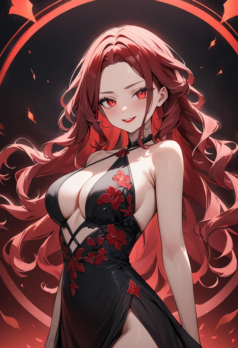 (masterpiece, top quality, very aesthetic, 4k、illustration), intricate detail, 1woman,solo,contrapposto 、(gradient eyes、tareme)、Strong glowing eyes、parted bangs,Fair skin,(cowboy shot)、Cool women、forced smile、(red lipstick),beautiful face、(gradient hair)、(wavy red hair)、multicolored hair,sidelock ,red eyes、halter top dress、medium breasts、slender 、