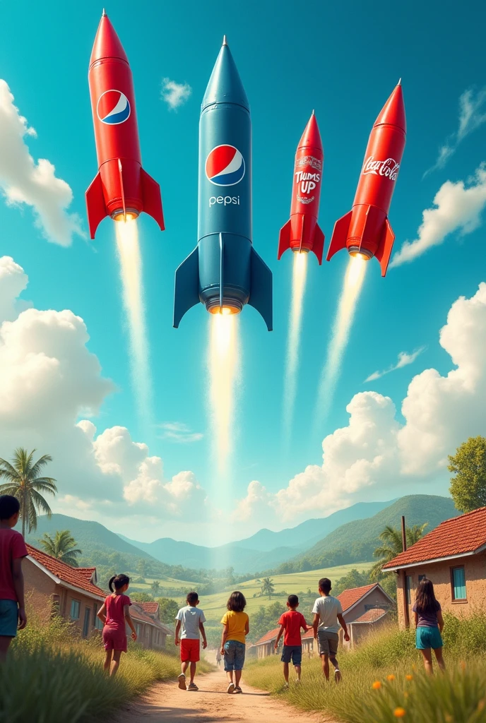 A photo in which there are 4 rockets and Pepsi, Coca Cola, Thums Up or Spirit is written on it And he is falling in a big village in which there are children too 