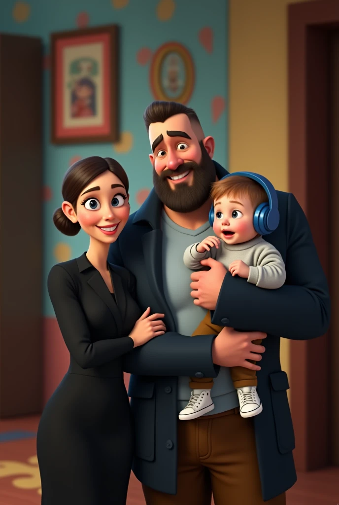 family of 3 people, an adult couple and an 8-month-old baby. The father is in the center, he is wearing  dark blue coat and light blue shirt and brown pants, he is the tallest,  big and strong,,  full shaved bald hair and has a medium black Viking-style beard, with light brown eyes and  he has grumpy face. The father is holding the 8-month-old baby in his left arm. The eight-month-old baby has dark blond hair and big dark blue eyes, the baby is wearing light grey jumper and light brown pants and converse withe shoes and headphones blue. The mother has light brown hair and light brown eyes, her hair tied up and a beautiful smile, she is very beautiful and elegant. She is wearing black dress, Character should be colorful and have a fun, friendly look, with exaggerated, expressive features. Pixar style. 