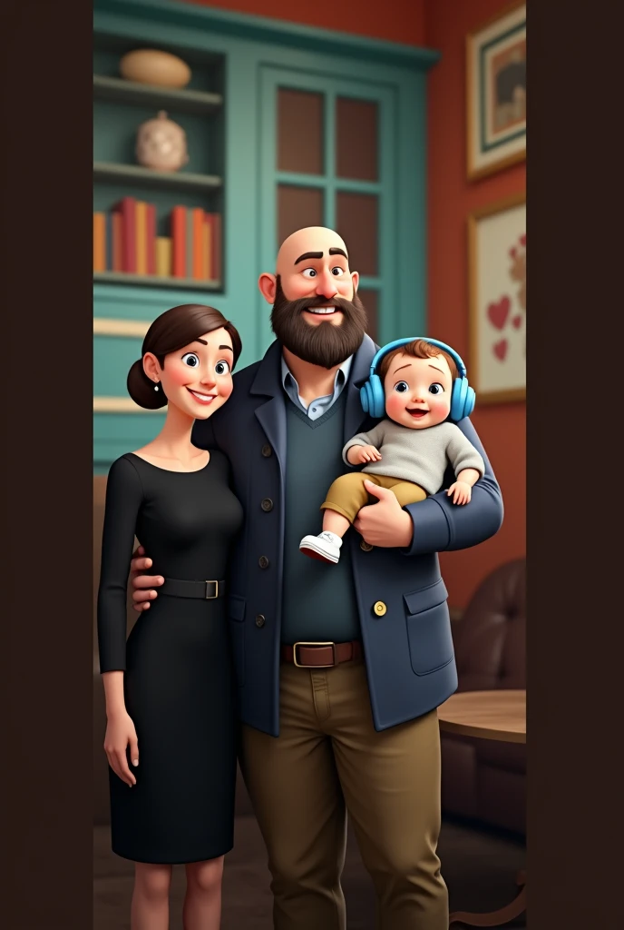family of 3 people, an adult couple and an 8-month-old baby. The father is in the center, he is wearing dark blue coat and light blue shirt and brown pants, he is the tallest, big and strong,, full shaved bald hair and has a medium black Viking-style beard, with light brown eyes and he has grumpy face. The father is holding the 8-month-old baby in his left arm. The eight-month-old baby has dark blond hair and big dark blue eyes, the baby is wearing light grey jumper and light brown pants and converse withe shoes and headphones blue. The mother has light brown hair and light brown eyes, her hair tied up and a beautiful smile, she is very beautiful and elegant. She is wearing black dress, Character should be colorful and have a fun, friendly look, with exaggerated, expressive features. Pixar style.
