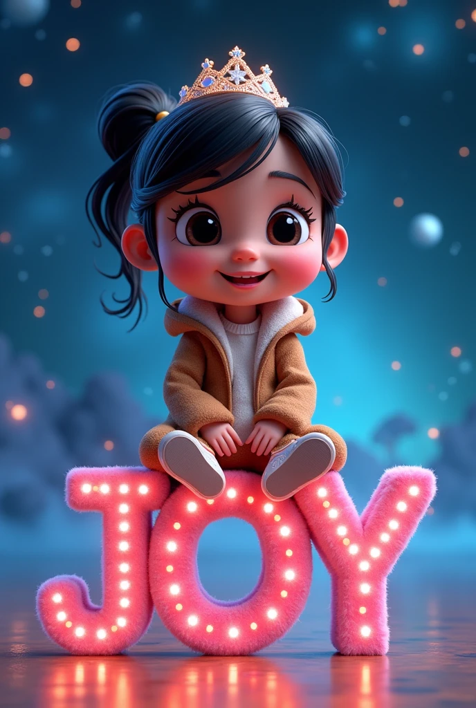 3D Animated of Cute girl seating in text "ANDREA JOY" with Crown . Wearing Brown and white jacket . the background is blue outer space