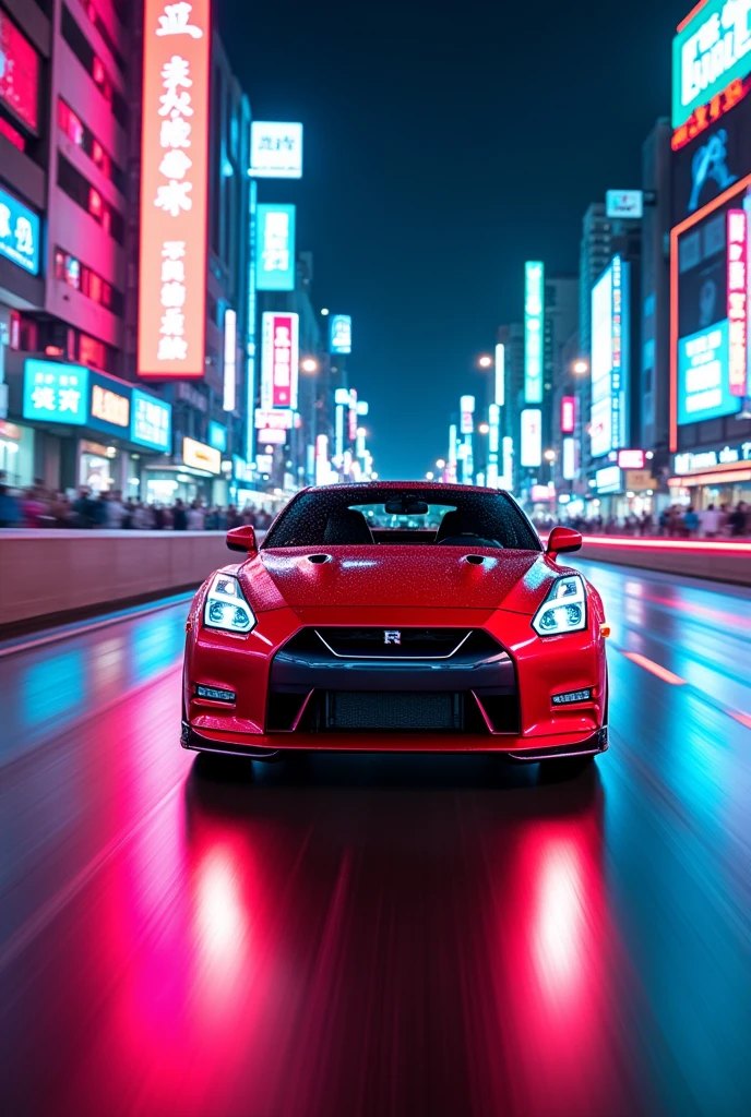Nissan GTR red, neon colour, neon city, a Chinese city, road is neon 
