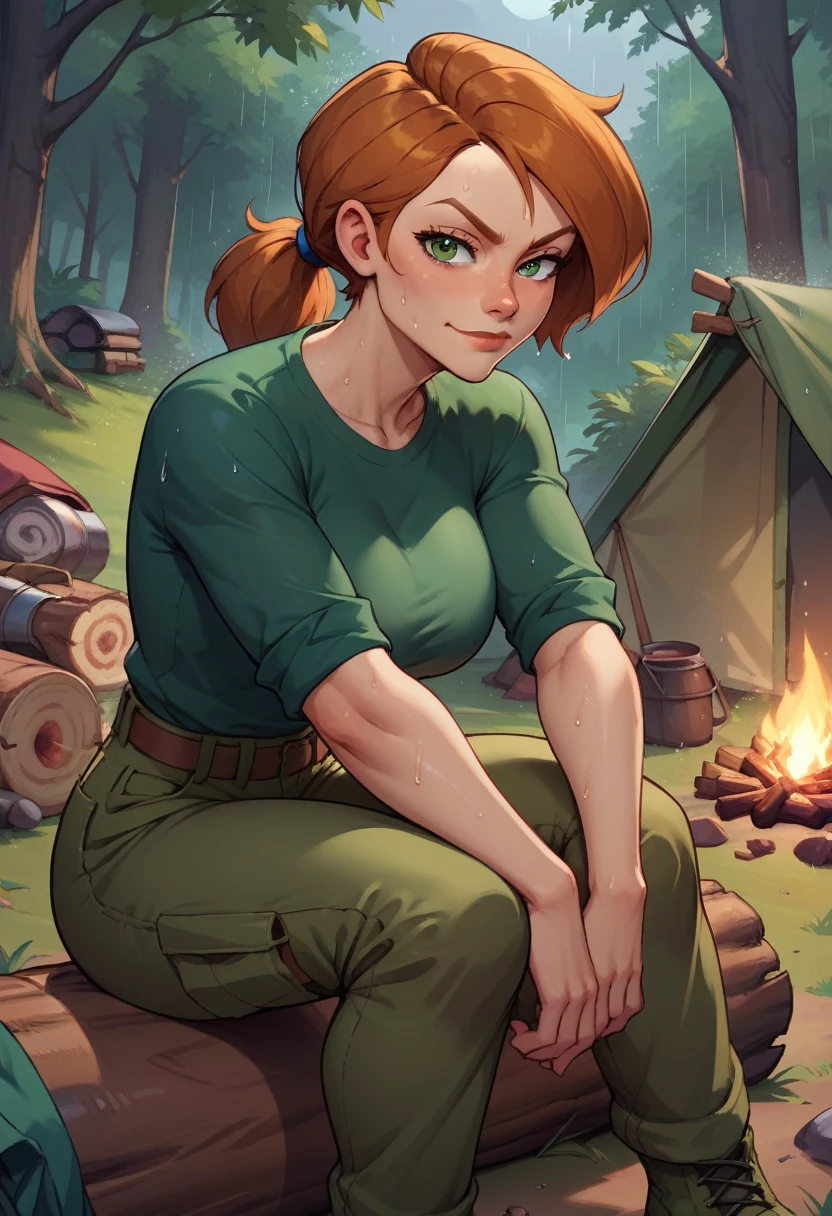 score_9, score_8_up, score_7_up, score_6_up, BREAK Ann possible, wearing green cargo shirt, cargo pants, ponytail, big breasts, fully clothed evil smirk, sweating, in a forest, looking at viewer, short hair, raining, setting up a tent, campfire, dark clouds, hands resting on knees, sitting on a log