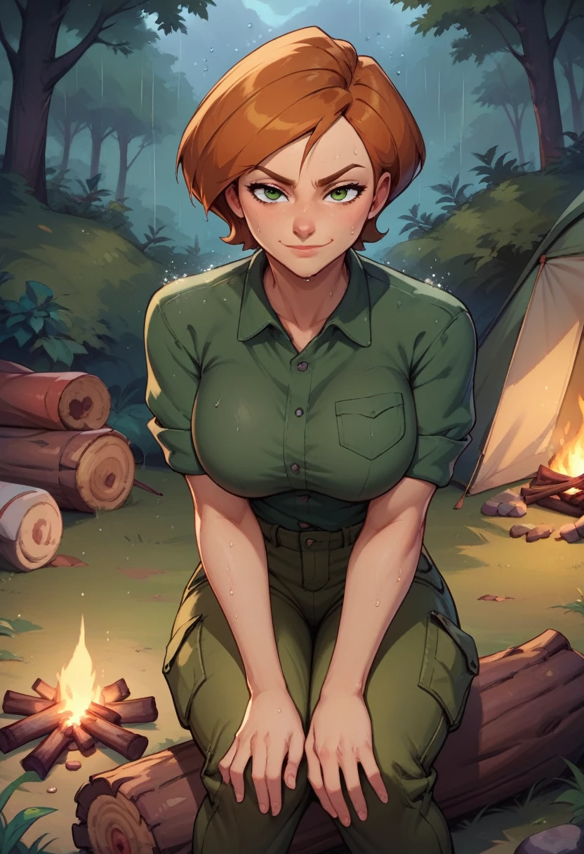 score_9, score_8_up, score_7_up, score_6_up, BREAK Ann possible, wearing green cargo shirt, cargo pants, ponytail, big breasts, fully clothed evil smirk, sweating, in a forest, looking at viewer, short hair, raining, setting up a tent, campfire, dark clouds, hands resting on knees, sitting on a log