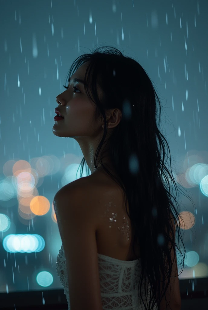 An Asian woman with a beautiful, sharp oval face and long, black hair, playing naked in the rain on a rooftop at night. The lights reflect off the shimmering raindrops. Her hair is soaked