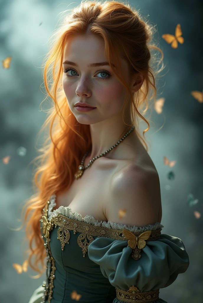 (solo, full body photo:1.3), (action packed:1.3), (haze, fog, mist:1.3), chiaroscuro, best quality, photorealistic, 1woman, (cute), (24yo:1.2), redhead, long ginger hair highly detailed, 1700'S, digital photography, art by artgerm and ruan jia and greg rutkowski surreal painting gold butterfly filigree, broken glass, (masterpiece, sidelighting, finely detailed Fashionable eyes: 1.2) (perfect oval large eyes that gazes at the viewer), beautiful detailed face, blue gorgeous perfect eyes, (blonde hair ponytail), (attractive young woman:1.3), (thick amazing hair), (seductive:1.1), (blushing:1.1)