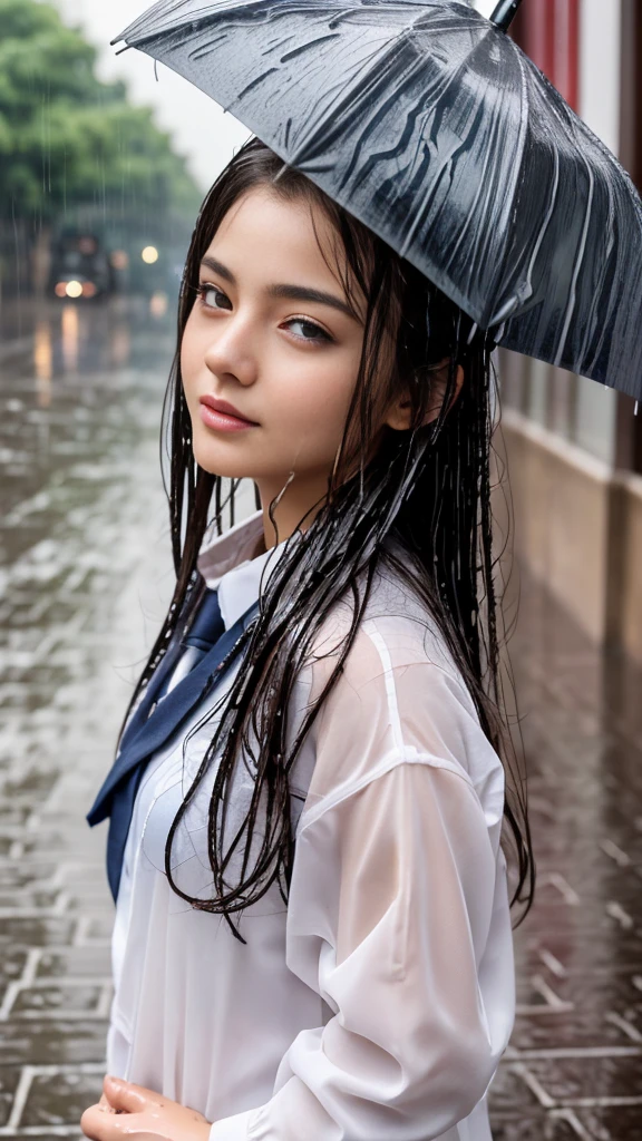 (Highest quality, 4K, masterpiece :1.Beautiful woman, 1 person, (, Attractive body :1.2), Abdominal muscles :1.1, Dark brown hair: 1.1, ((Wet from rain, Wet by rain, Wet :1.2)), Highly detailed face, Detailed lips, Delicate eyes, double eyelid, 18-year-old、school uniform,Without an umbrella、Evening in the city