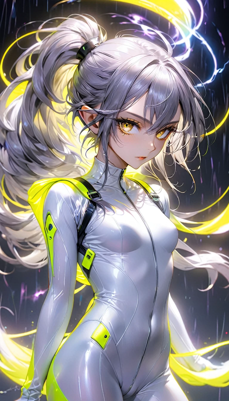 beautiful dark elf, short silver ponytail, glossy yellow eyes, (attractive and seductive) and (amorous and lewd) expression, great body proportion, wearing white seamless tight fitting rubber suit with neon lines, background tornado, iridescent lightning, conceptual installation art, (ultra detailed, absolutely resolution, best quality:1.3), 2.5D, delicate and dynamic effects, artistic, hyper, graphic CG digital art