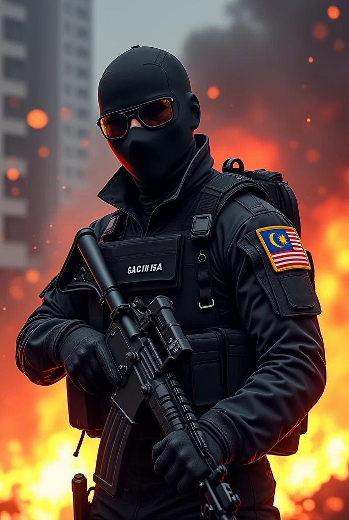 One special forces army in fully black uniform and masked face he's in operation saving people with fire and bombing behind him and holding rifle. Change the patch on his arm to Malaysia flag and the word infront of his uniform into GGK and make it animated style 
Malaysia. Without the USA flag, only Malaysia flag
and add a army glasses on him
Can you please add title Black Ops: SERENADE SANCTUARY 