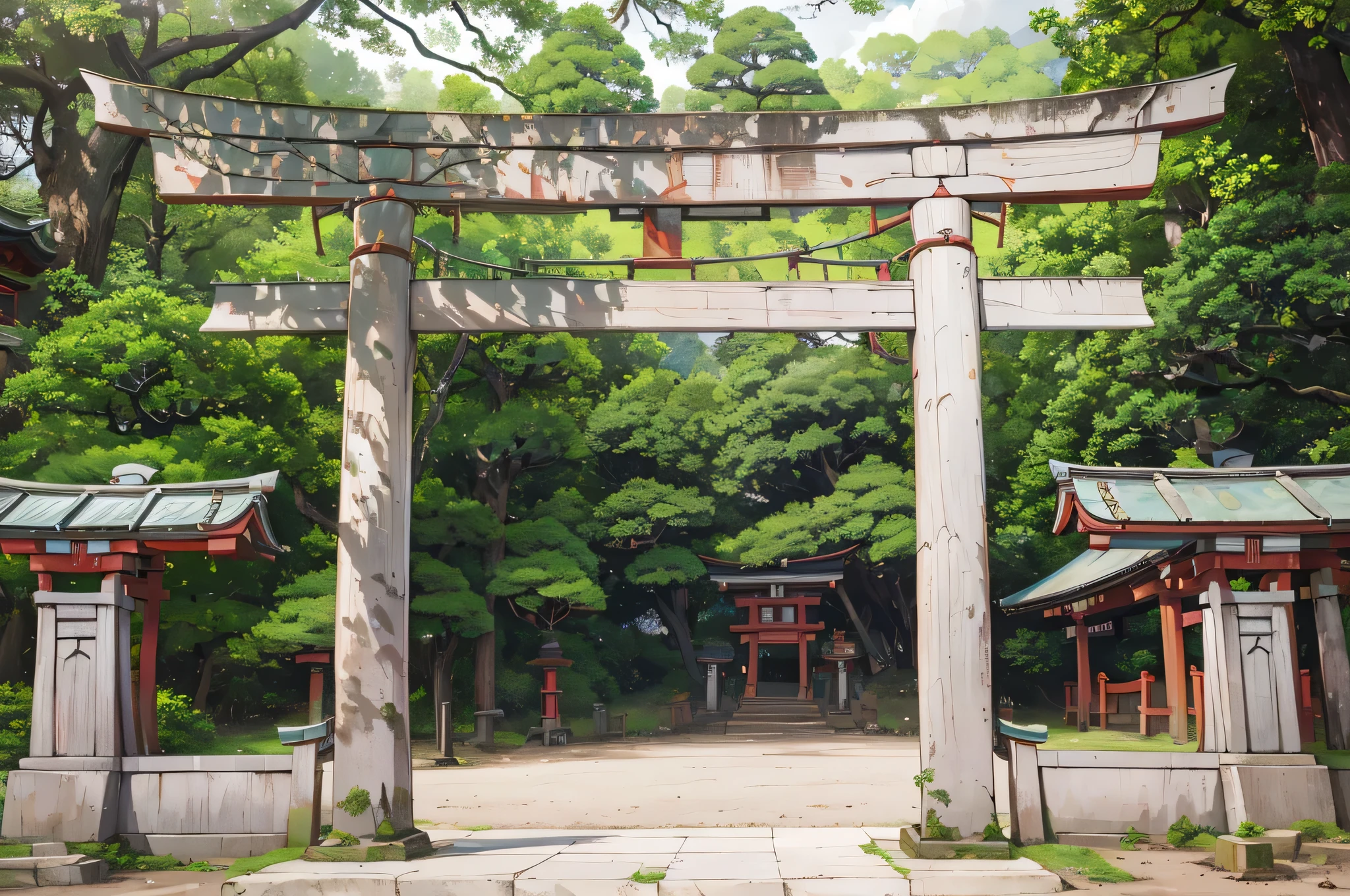 a large wooden gate in a park with a bench and trees, centered torii gate, torii in a moutain with trees, shinto shrine, torii gate, japanese shrine, torii, inspired by Torii Kiyomoto, japanese torii in a moutain, japanese temple, near a japanese shrine, kamakura period, japan nature