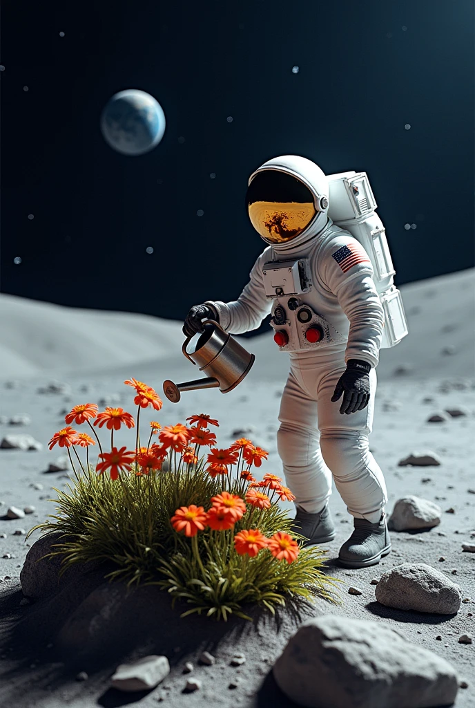 An astronaut watering and caring for a small garden of exotic flowers that inexplicably grow on the lunar surface, with a watering can floating lightly beside it.