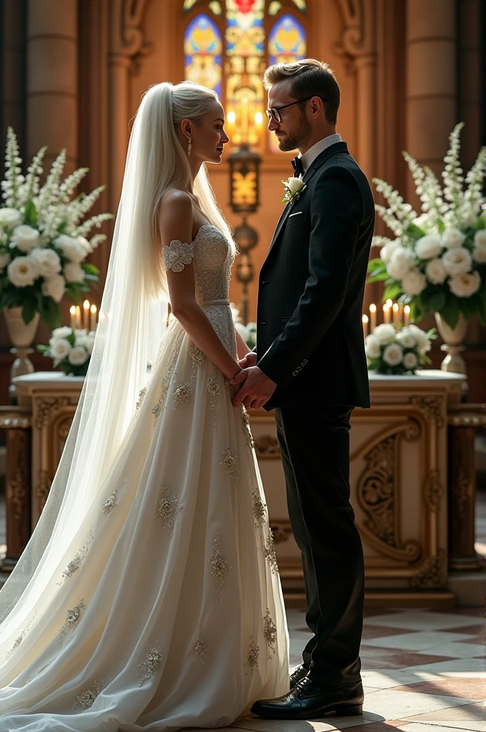 Draco Malfoy in wedding bride dress and harry potter in black suit holding hands at the altar 