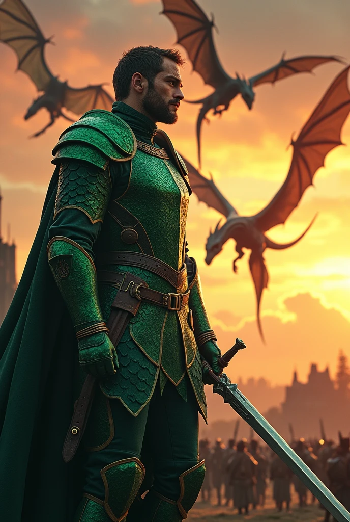 Ser Criston Cole with green dragon scales armour holding blackfyre whilst dragons are flying above him