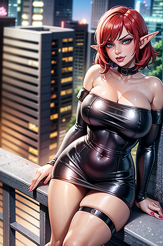 1girl, female elf, short red hair, blue eyes, curvy body, black off shoulder mini tee shirt, stomach exposed, hot pink leather mini skirt, black high heels, standing near a balcony, night, city in background, full pouty lips, hands resting on chest, lewd smile