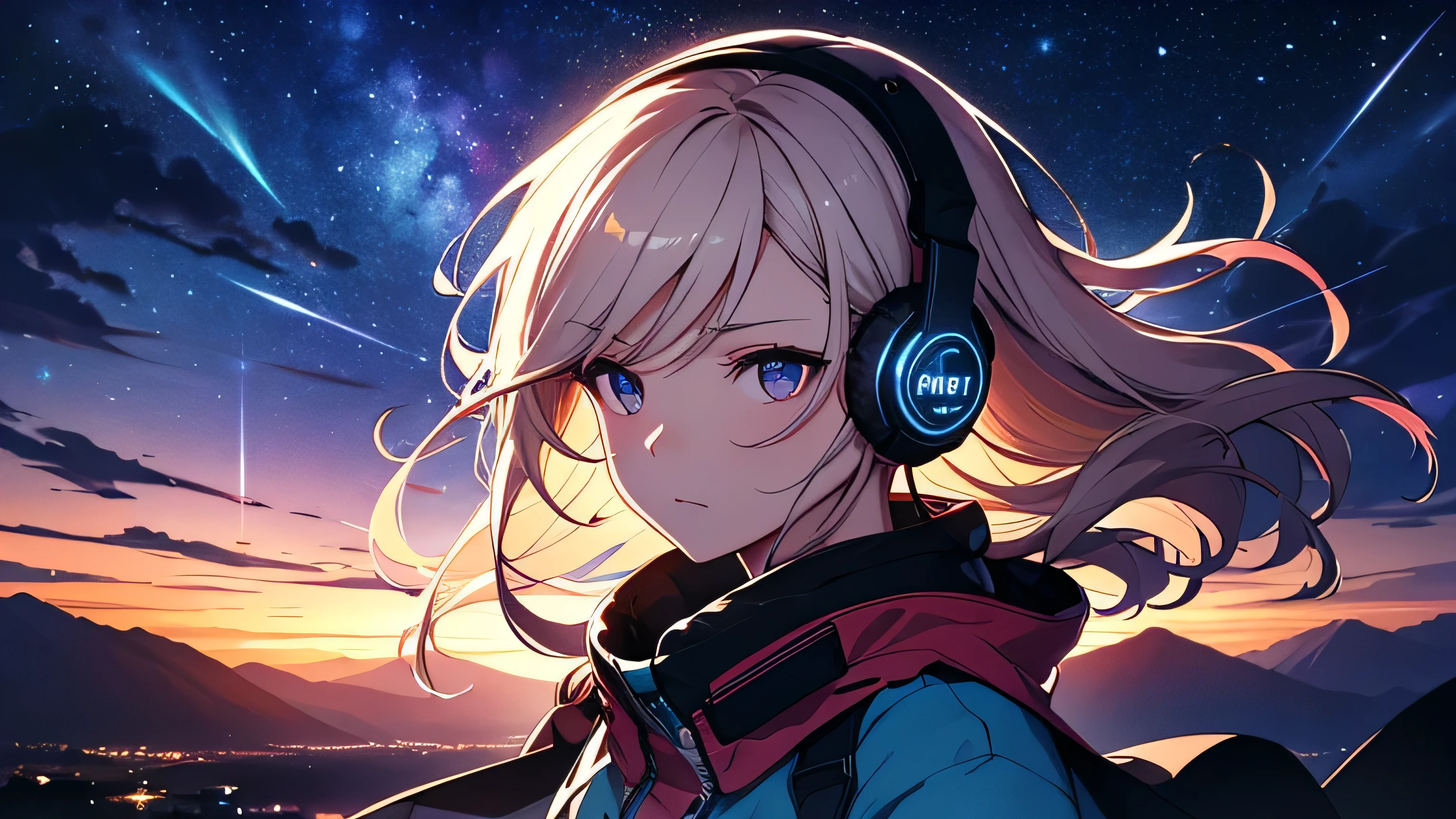 Absurd, High resolution, (Official Art, beautifully、aesthetic:1.2), Close-up, Bright Sky, A vast world, , Hair blowing in the wind, Wear headphones, stare, Awe-inspiring expressions, Night Cafe, Starry Sky, neon, Natural Beauty, Inspiration, Light effects,