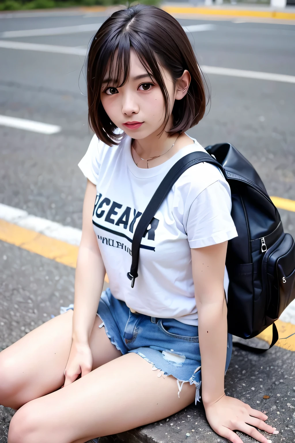 beautiful dressed up as a 70s elementary school.,she is cute and beautiful like an idol.,She is pure and innocent.,She is wearing a white T-shirt,Extremely short, tight, and skinny denim shorts,High socks and sneakers.Japanese,Black short bob,school bag
