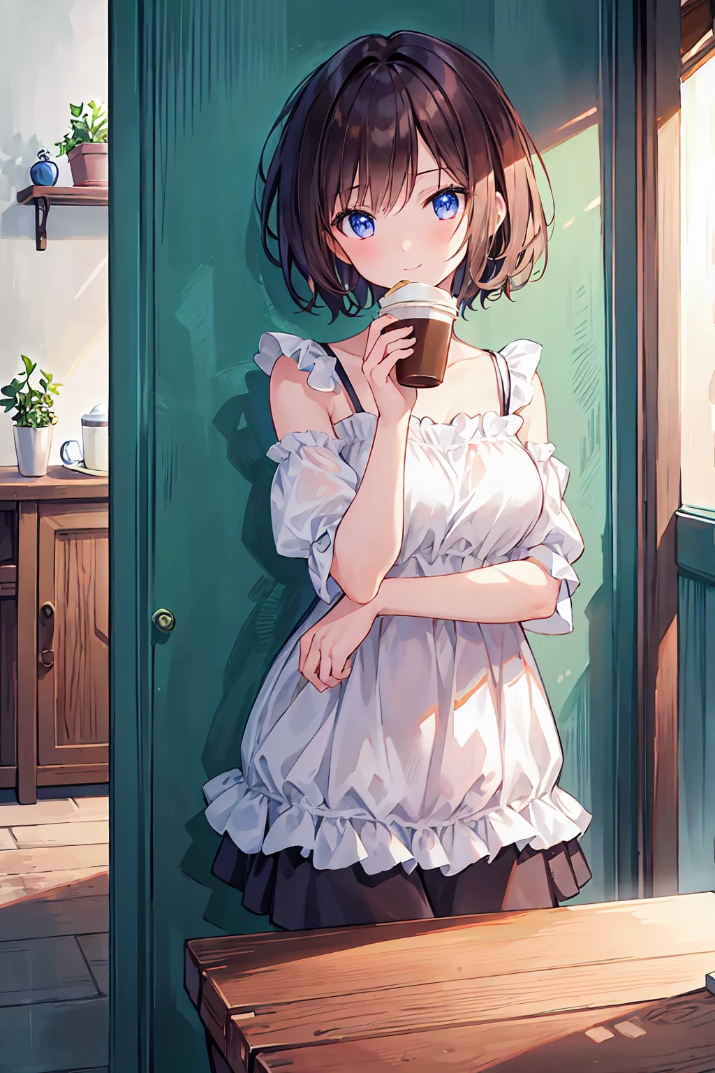 masterpiece, Highest quality, One Girl, Upper body,,short hair, , , Casual clothing, Frills, Plein Air、Inside the room、relax、Drink coffee、Focus on the face、The viewer is the viewer's gaze,Brown Hair,Messy Hair,Slender beauty,Beautiful feet,A charming smile,