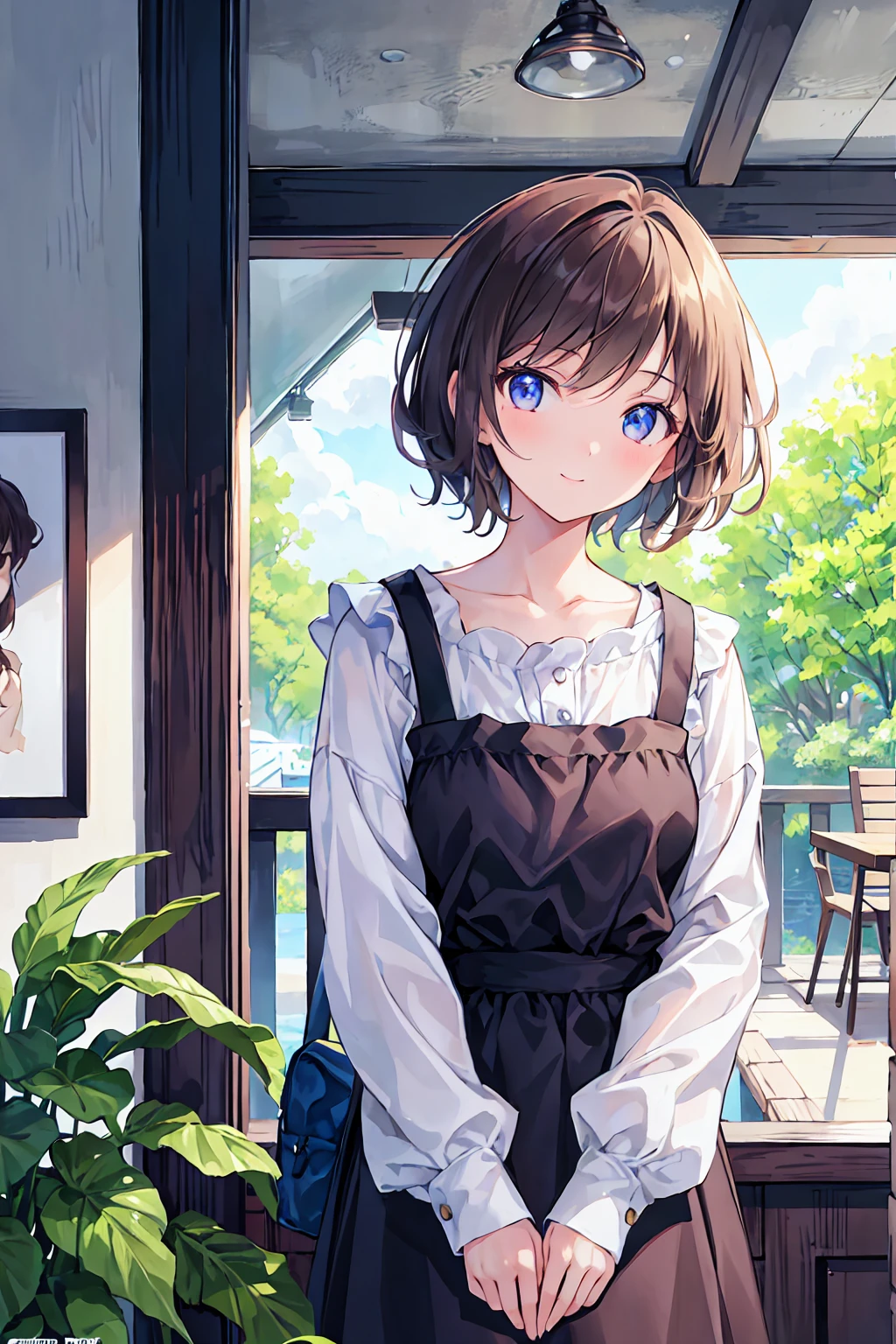 masterpiece, Highest quality, One Girl, Upper body,,short hair, , , Casual clothing, Frills, Plein Air、Inside the room、relax、Drink coffee、Focus on the face、The viewer is the viewer&#39;s gaze，Brown Hair，Messy Hair，Slender beauty，Beautiful feet，A charming smile，