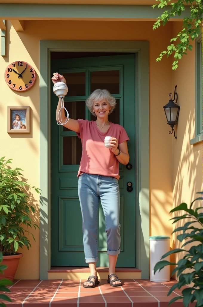 The neighbor's house, with the neighbor standing by the door holding the mixer. The wall behind them might have simple decorations or a clock.