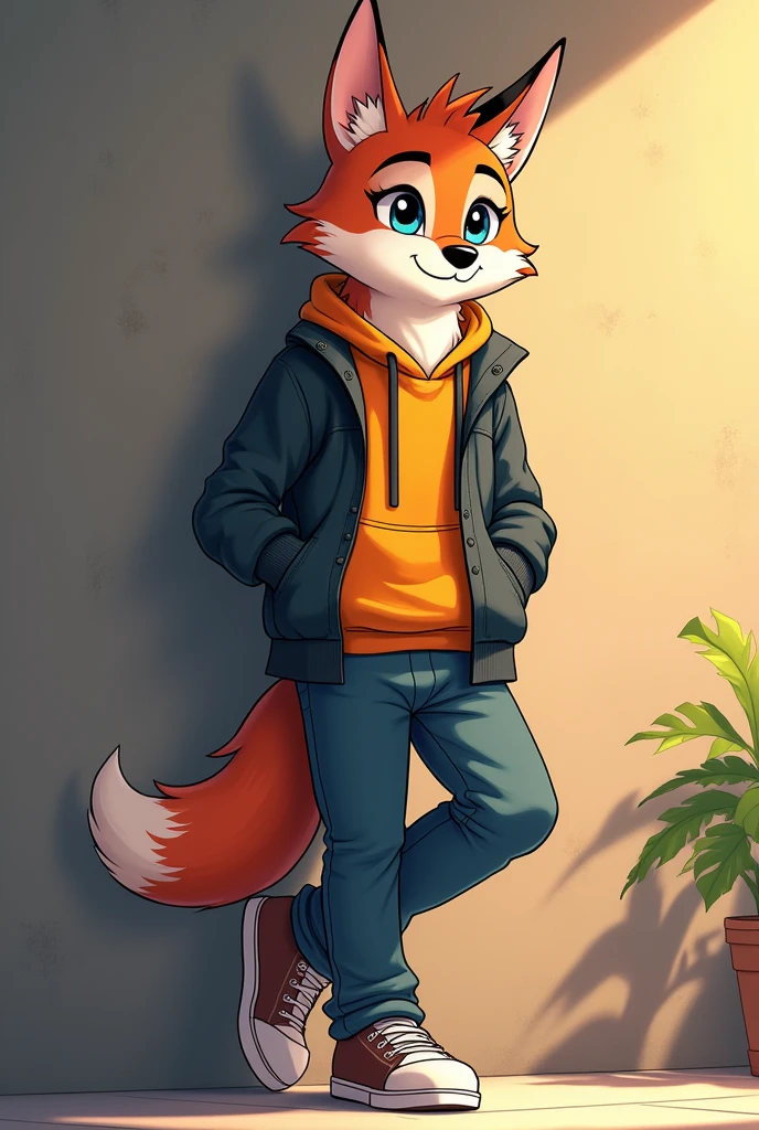 Animated wolf standing, crossing hand, pose tilted 45 degree to the side, anime style, wearing pocket ful jacket, leaning onto wall, crossing leg inside, casual shoes, short body, short leg